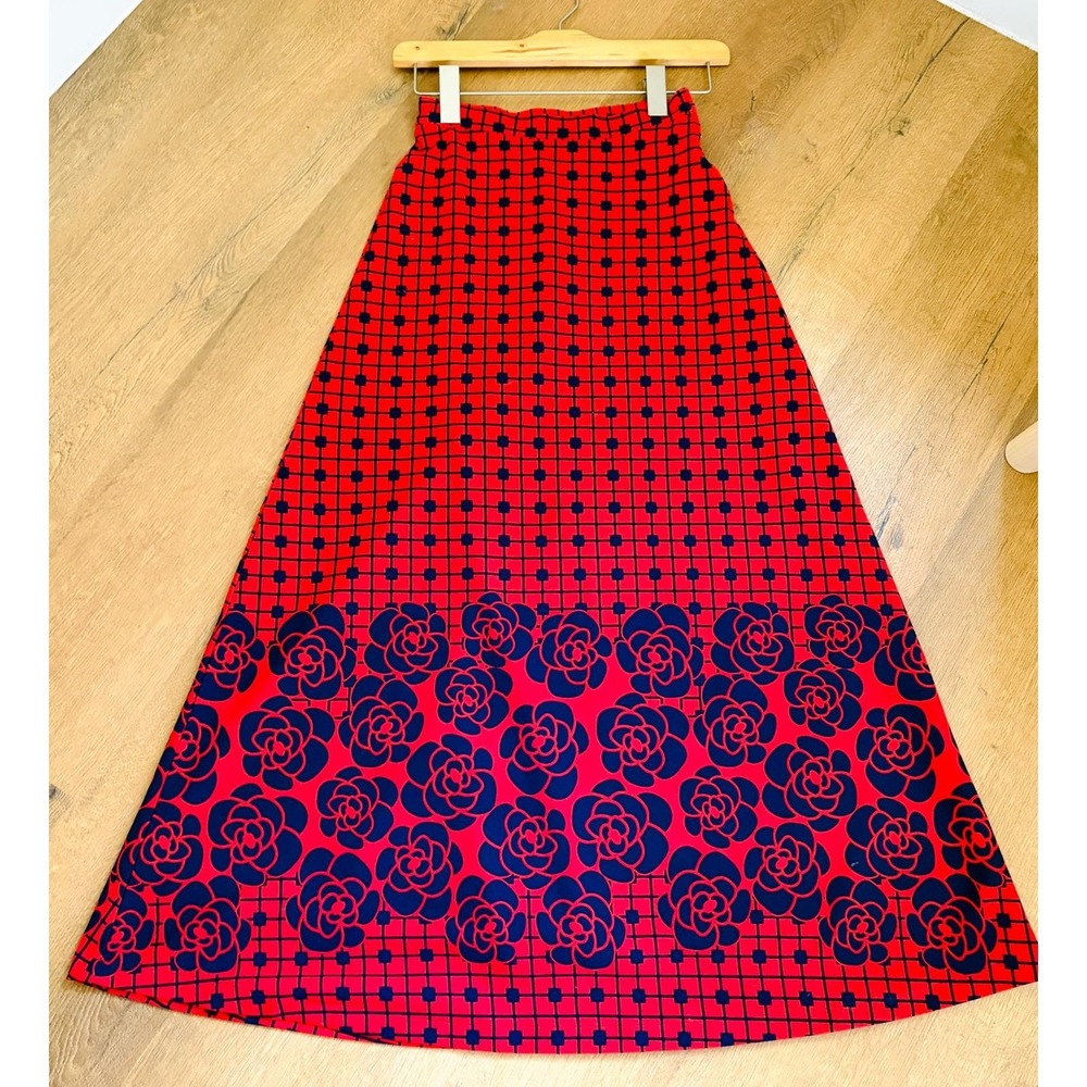 Vintage 70s Red Maxi Skirt Floral Mod Disco‎ Boho Kitsch XS High Waist Long - Picture 2 of 6